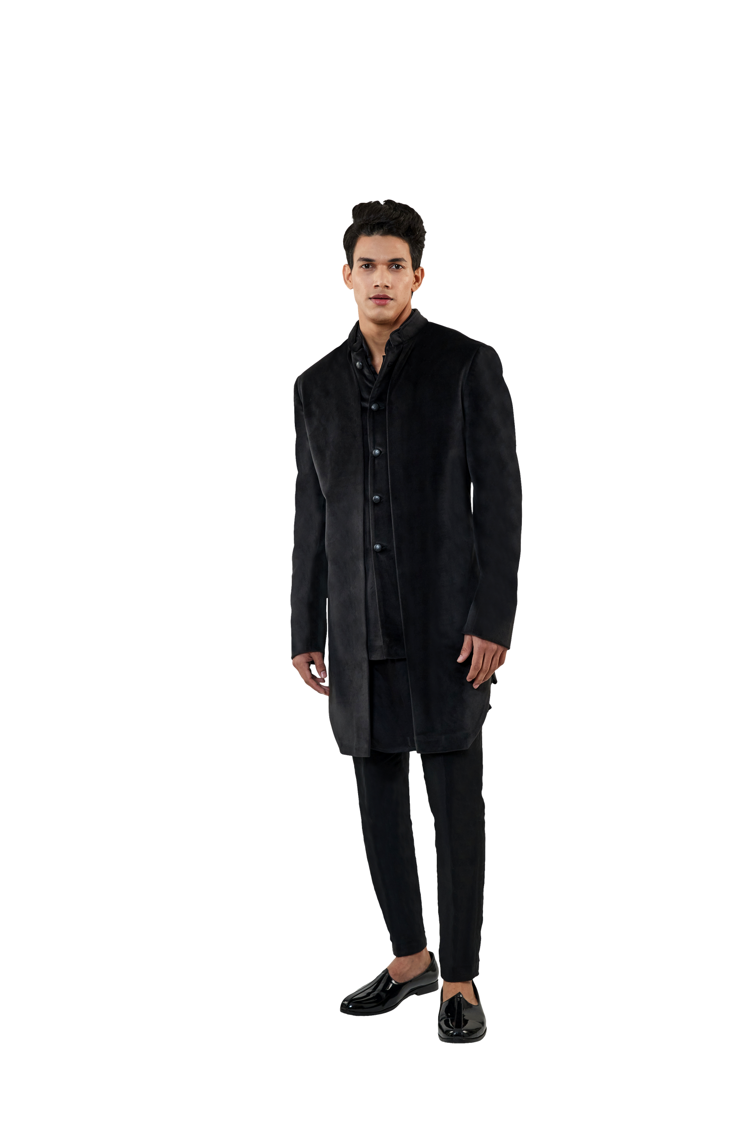 MC 518 Black Velvet Short Sherwani Complete Look - Mashal Couture