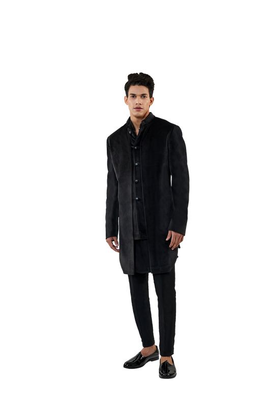 MC 518 Black Velvet Short Sherwani Complete Look at MashalCouture.com