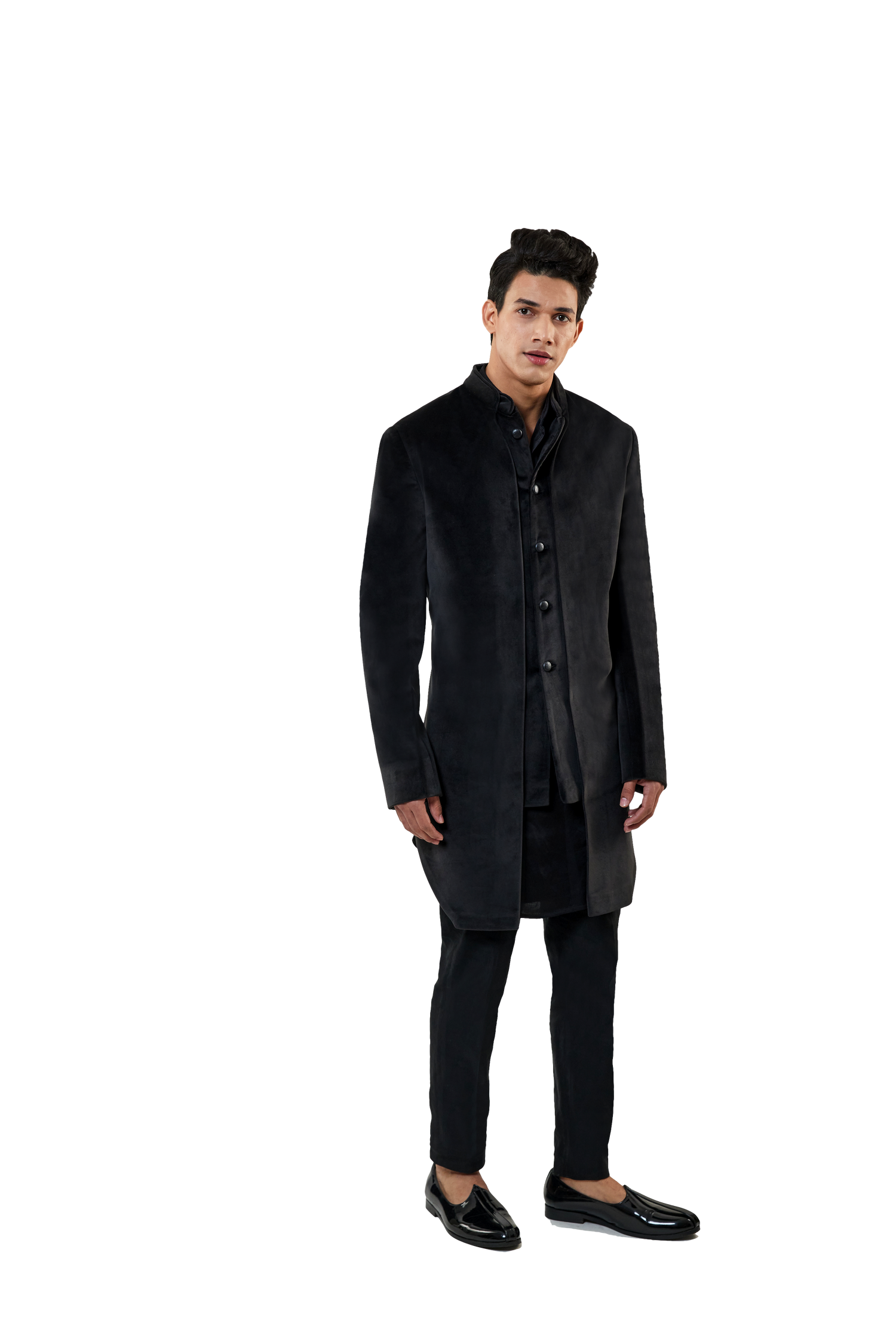 MC 518 Black Velvet Short Sherwani Complete Look - Mashal Couture