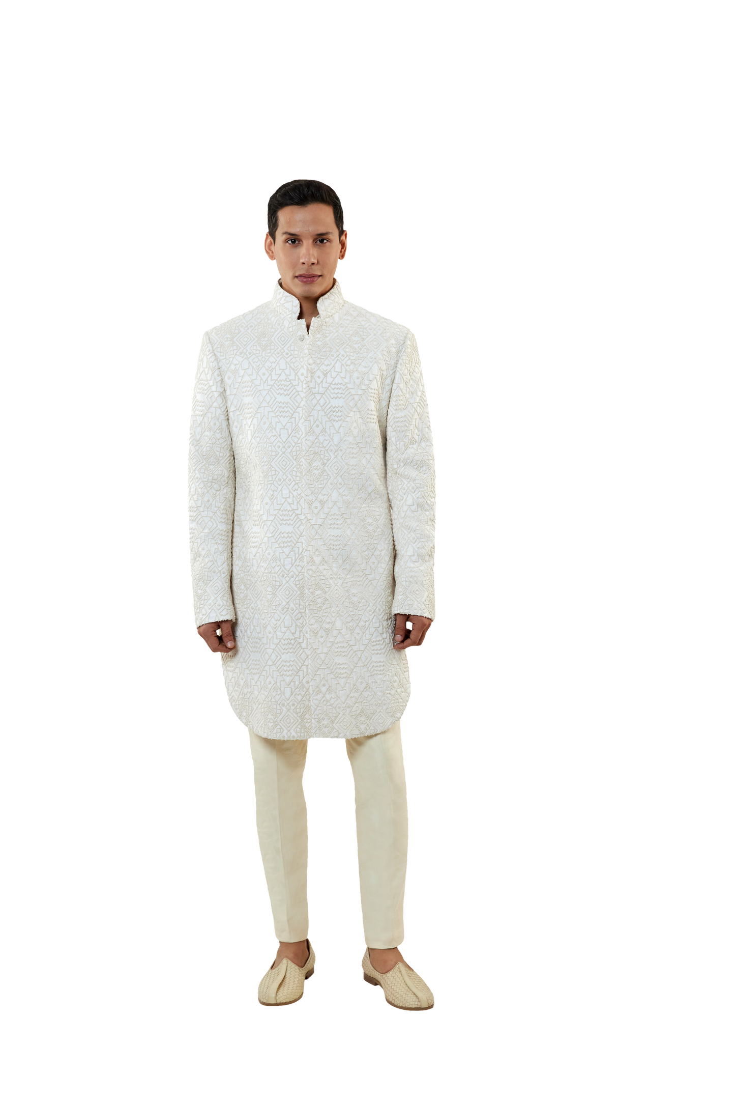 MC 517 White Short Sherwani With Pants - Mashal Couture