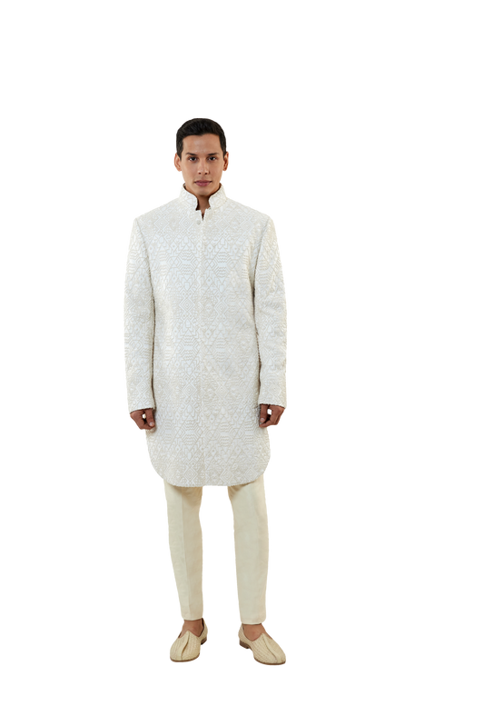 MC 517 White Short Sherwani With Pants at MashalCouture.com