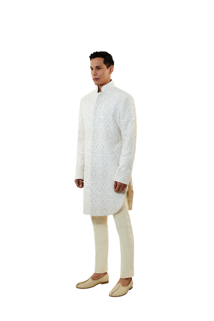 MC 517 White Short Sherwani With Pants - Mashal Couture