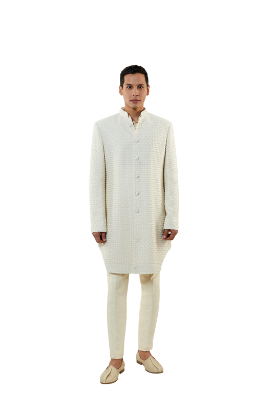 MC 520 White Short Sherwani With Pants at MashalCouture.com