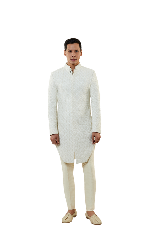 MC 521 White Short Sherwani With Pants at MashalCouture.com