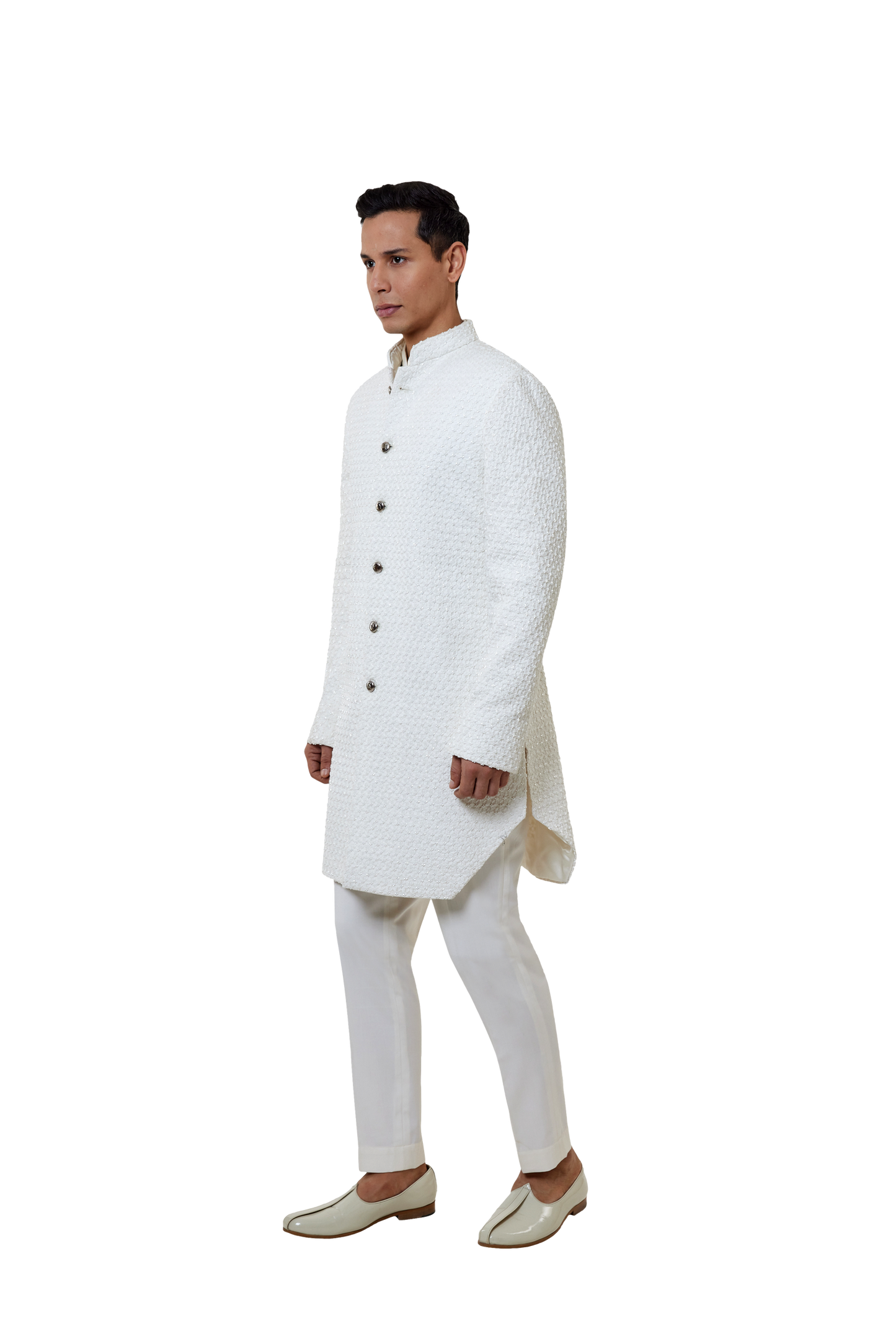 MC 519 White Short Sherwani With Pants - Mashal Couture