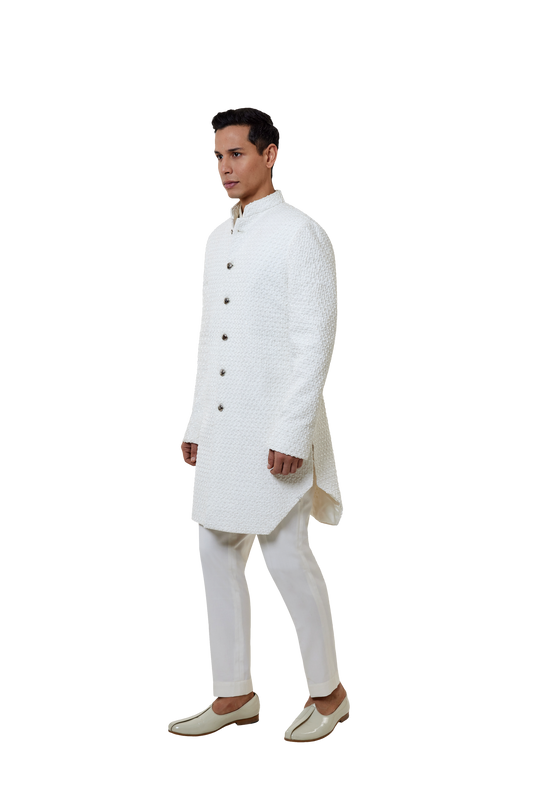 MC 519 White Short Sherwani With Pants at MashalCouture.com