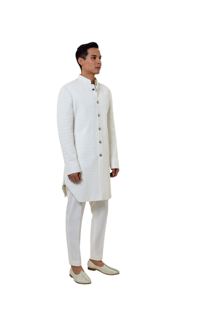 MC 519 White Short Sherwani With Pants - Mashal Couture