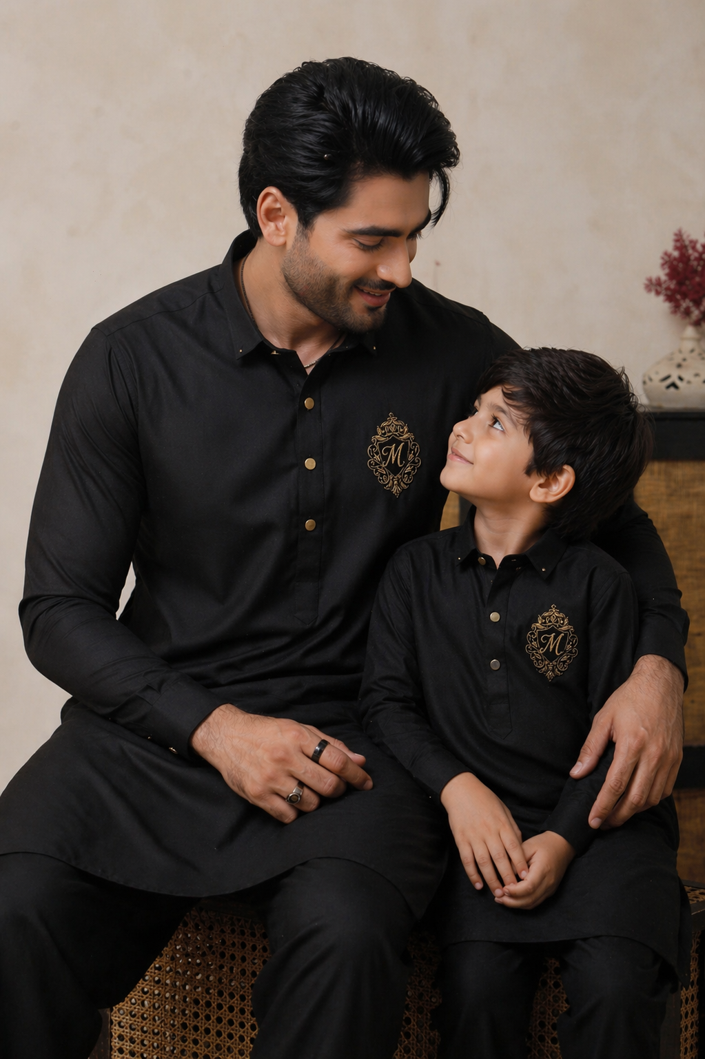 Man and child in matching black outfits with a logo, sitting together.