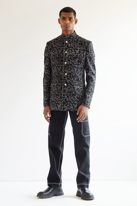 MC 101 Black Grey Embroidery Prince Coat - Mashal Couture