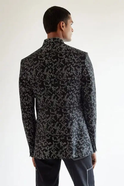 MC 101 Black Grey Embroidery Prince Coat - Mashal Couture
