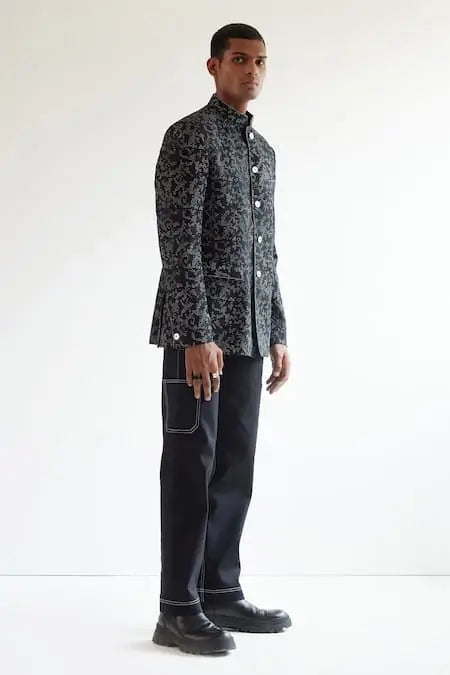 MC 101 Black Grey Embroidery Prince Coat - Mashal Couture