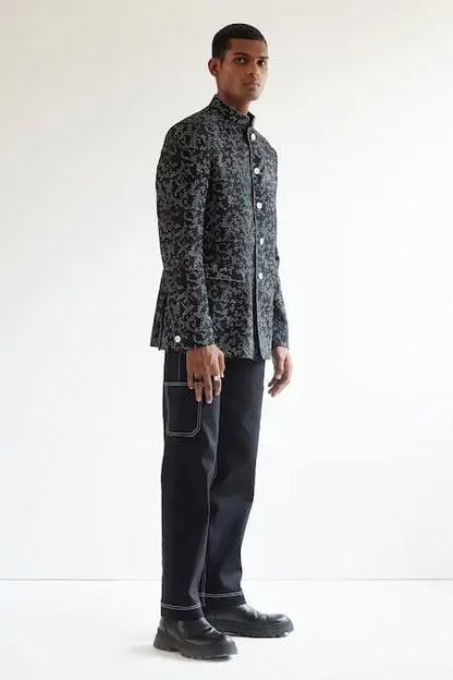 MC 101 Black Grey Embroidery Prince Coat - Mashal Couture