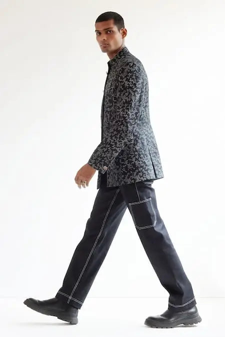 MC 101 Black Grey Embroidery Prince Coat - Mashal Couture