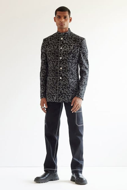 MC 101 Black Grey Embroidery Prince Coat - Mashal Couture