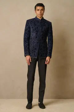 MC 103 Navy Floral Jaal Prince Coat Design - Mashal Couture