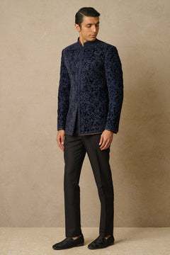 MC 103 Navy Floral Jaal Prince Coat Design - Mashal Couture