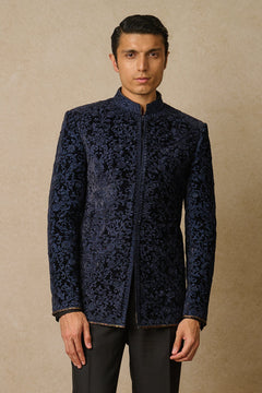 MC 103 Navy Floral Jaal Prince Coat Design - Mashal Couture