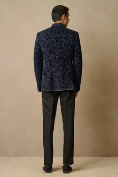 MC 103 Navy Floral Jaal Prince Coat Design - Mashal Couture