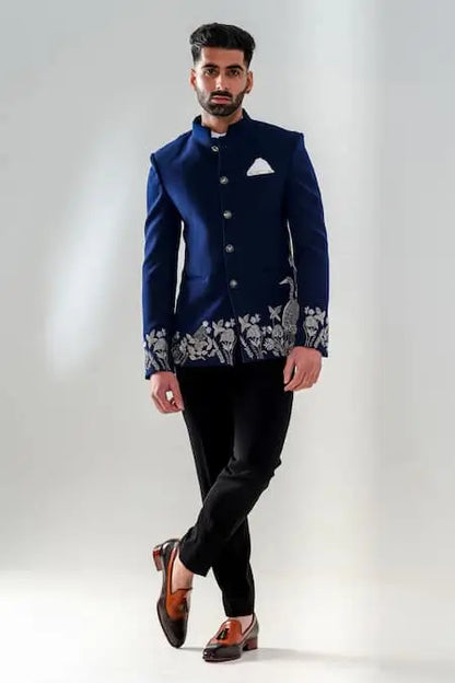 MC 106 Blue Bottom Embroidered Handwork Prince Coat - Mashal Couture