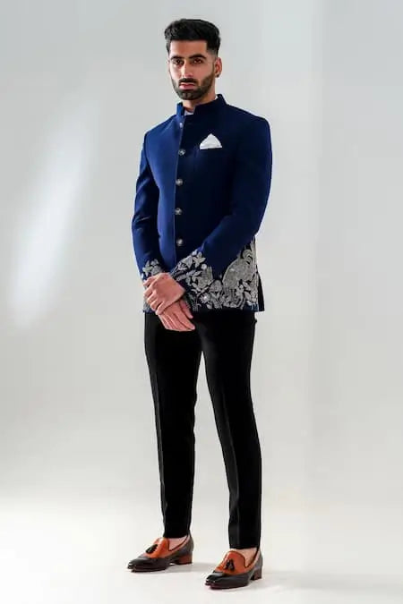 MC 106 Blue Bottom Embroidered Handwork Prince Coat - Mashal Couture