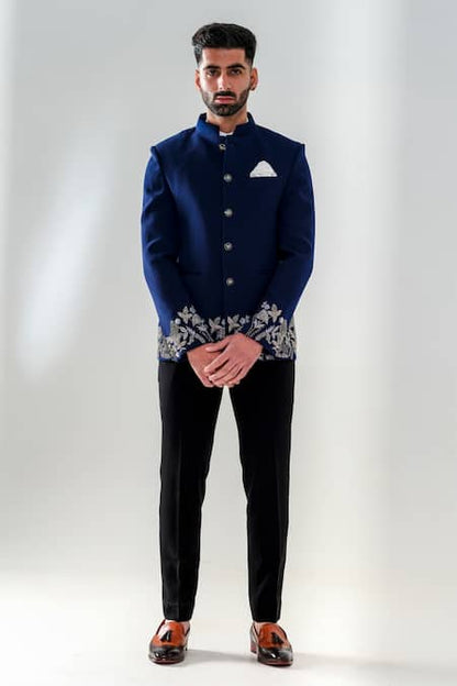 MC 106 Blue Bottom Embroidered Handwork Prince Coat - Mashal Couture