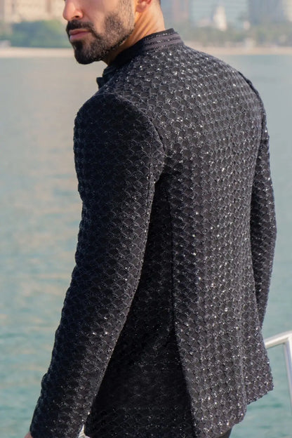 MC 113 Black Embroidery Prince Coat - Mashal Couture
