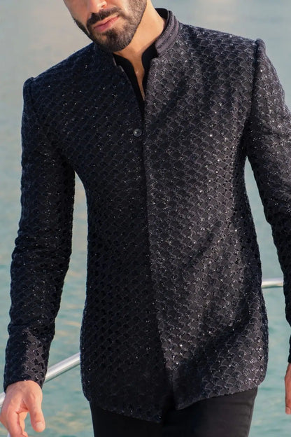 MC 113 Black Embroidery Prince Coat - Mashal Couture