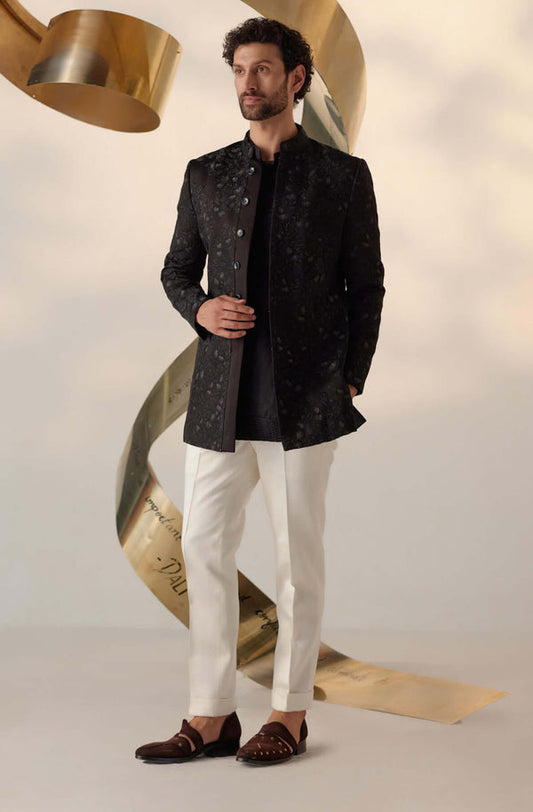 MC 114 Black Floral Embroidery Prince Coat - Mashal Couture