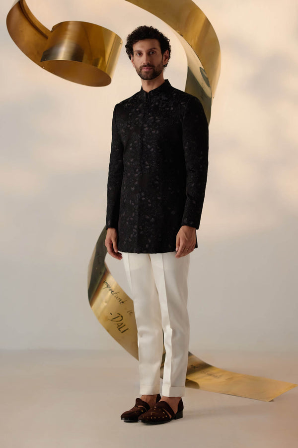 MC 114 Black Floral Embroidery Prince Coat - Mashal Couture