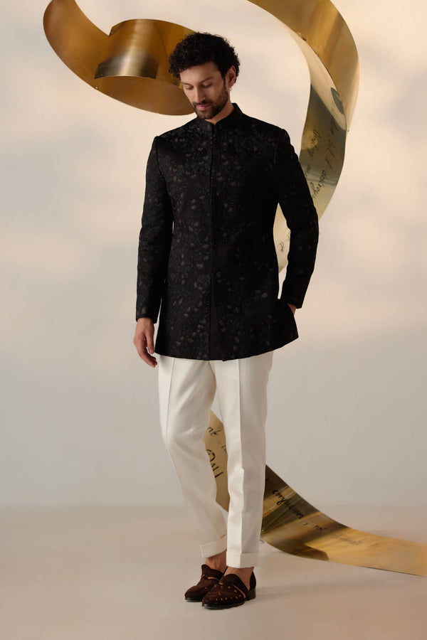 MC 114 Black Floral Embroidery Prince Coat - Mashal Couture