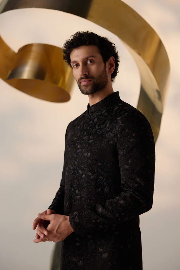 MC 114 Black Floral Embroidery Prince Coat - Mashal Couture