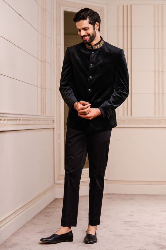 Luxurious MC 129 Black Velvet Prince Coat - Elegant Men's Fashion