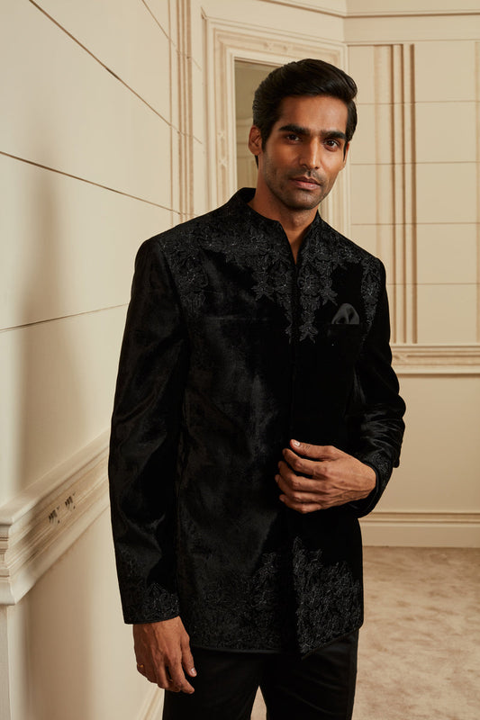 MC 132 Black Velvet Prince Coat - Mashal Couture