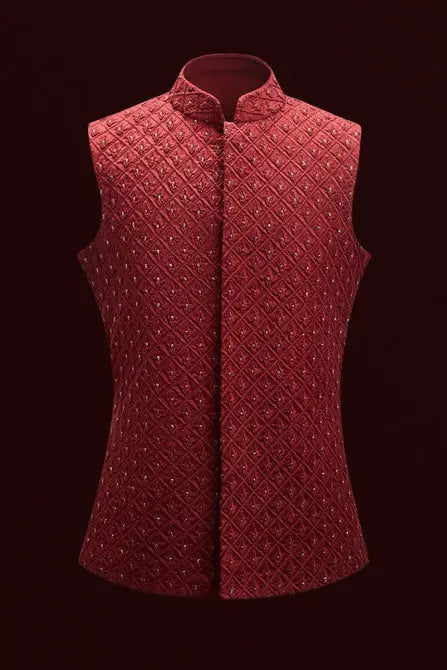 MC 91 Maroon Wasit Coat For Men - Mashal Couture