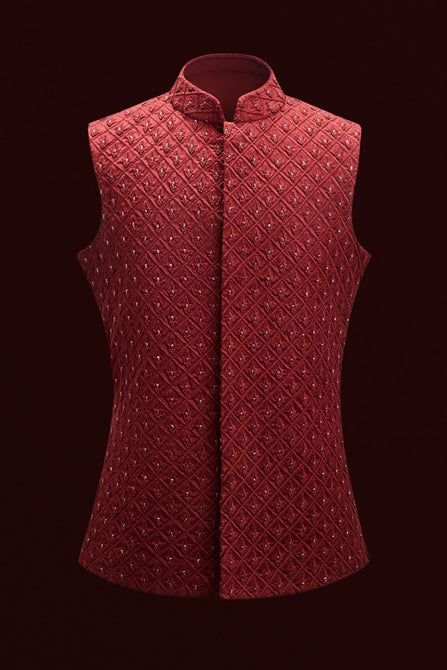 MC 91 Maroon Wasit Coat For Men - Mashal Couture