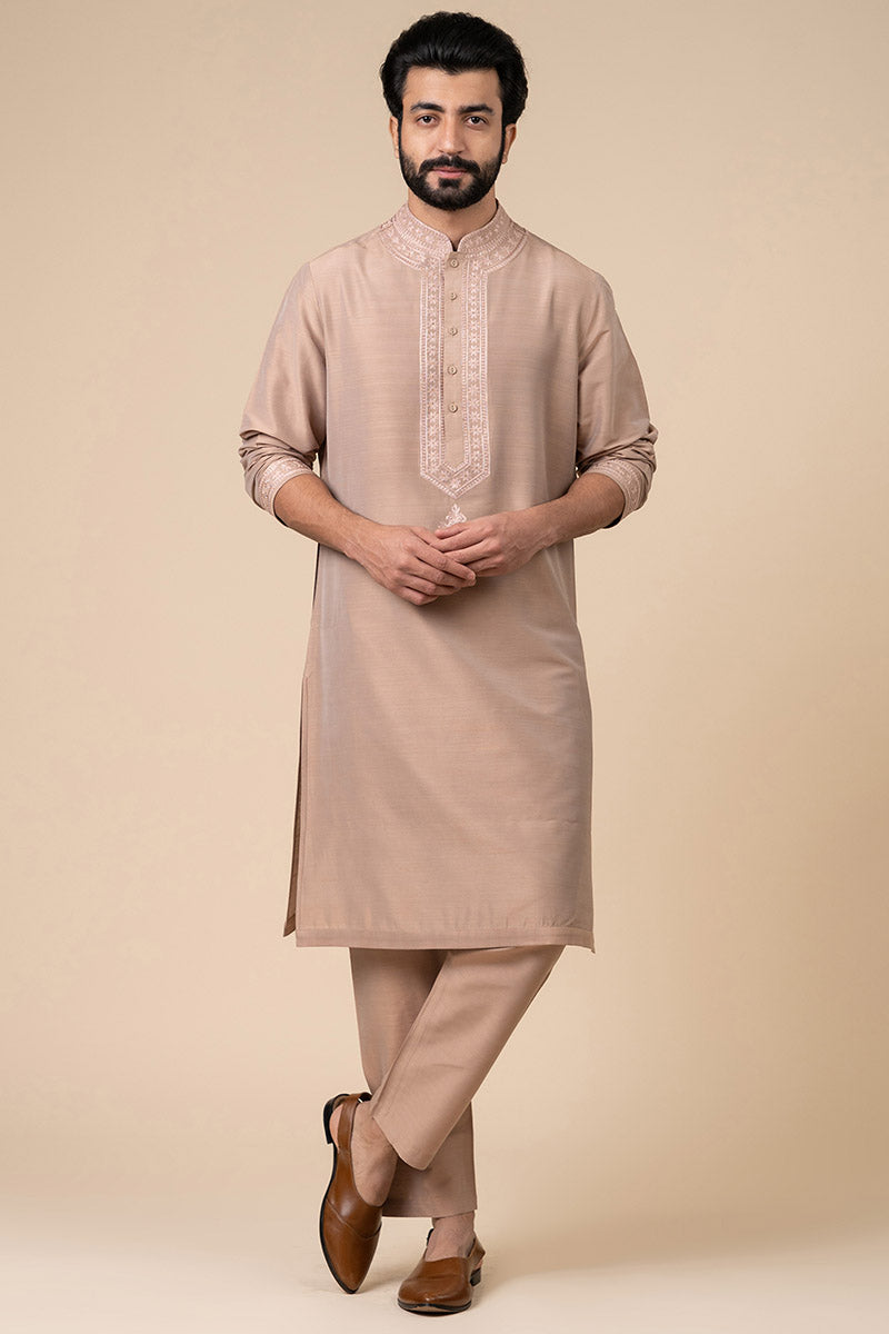 MC KP 20 Beige Embroidered Kurta Pajama for Men - Mashal Couture