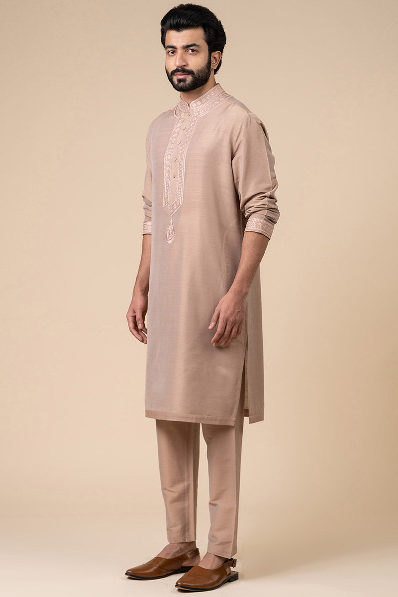 MC KP 20 Beige Embroidered Kurta Pajama for Men - Mashal Couture