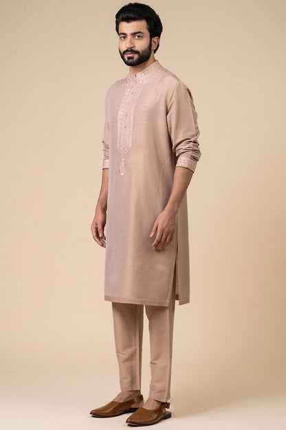 MC KP 20 Beige Embroidered Kurta Pajama for Men - Mashal Couture