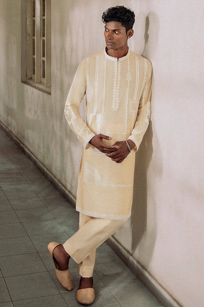 MC KP 29 Beige With White Embroidery Kurta Pajama For Men - Mashal Couture