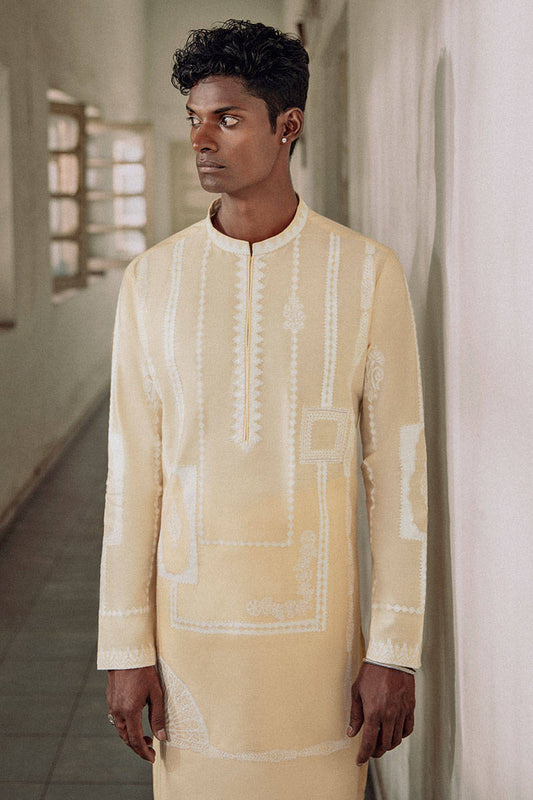 MC KP 29 Beige With White Embroidery Kurta Pajama For Men - Mashal Couture