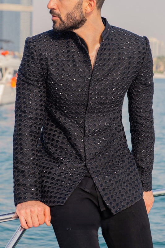 MC 113 Black Embroidery Prince Coat - Mashal Couture
