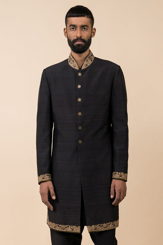 MC 510 Black Gold Raw Silk Sherwani For Men's at MashalCouture.com