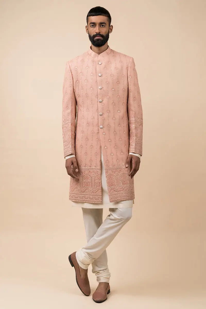 MC 508 Powder Pink Sherwani For Groom - Mashal Couture