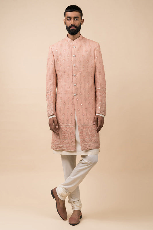 MC 508 Powder Pink Sherwani For Groom at MashalCouture.com