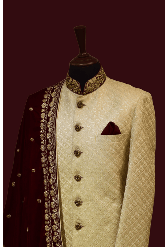 MC 03 Maroon Embroidered Shawl with Sherwani - Mashal Couture