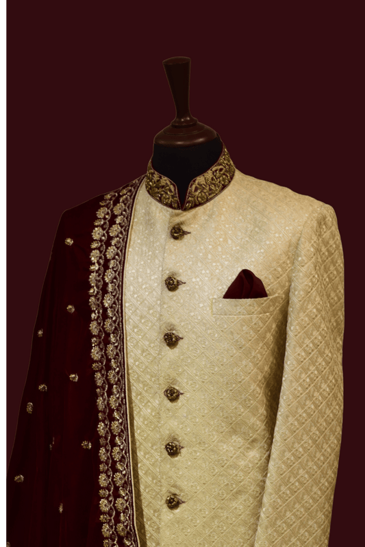 MC 03 Maroon Embroidered Shawl with Sherwani