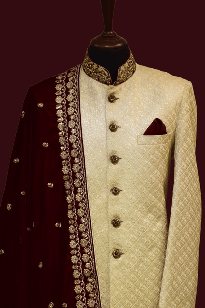 MC 03 Maroon Embroidered Shawl with Sherwani - Mashal Couture