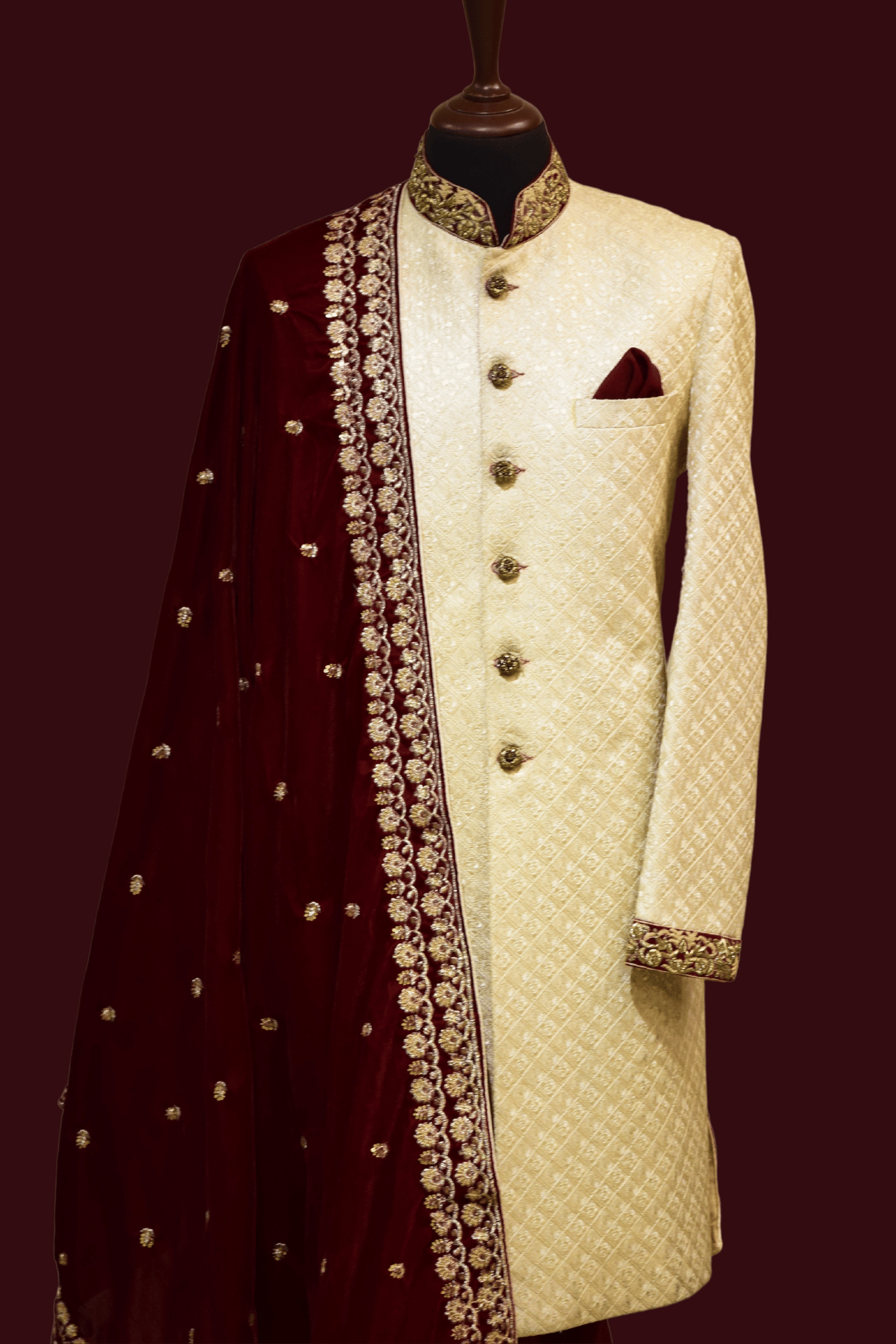 MC 03 Maroon Embroidered Shawl with Sherwani - Mashal Couture