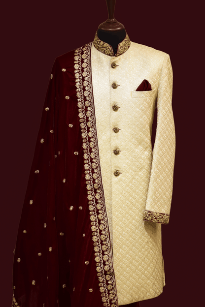 MC 03 Maroon Embroidered Shawl with Sherwani - Mashal Couture