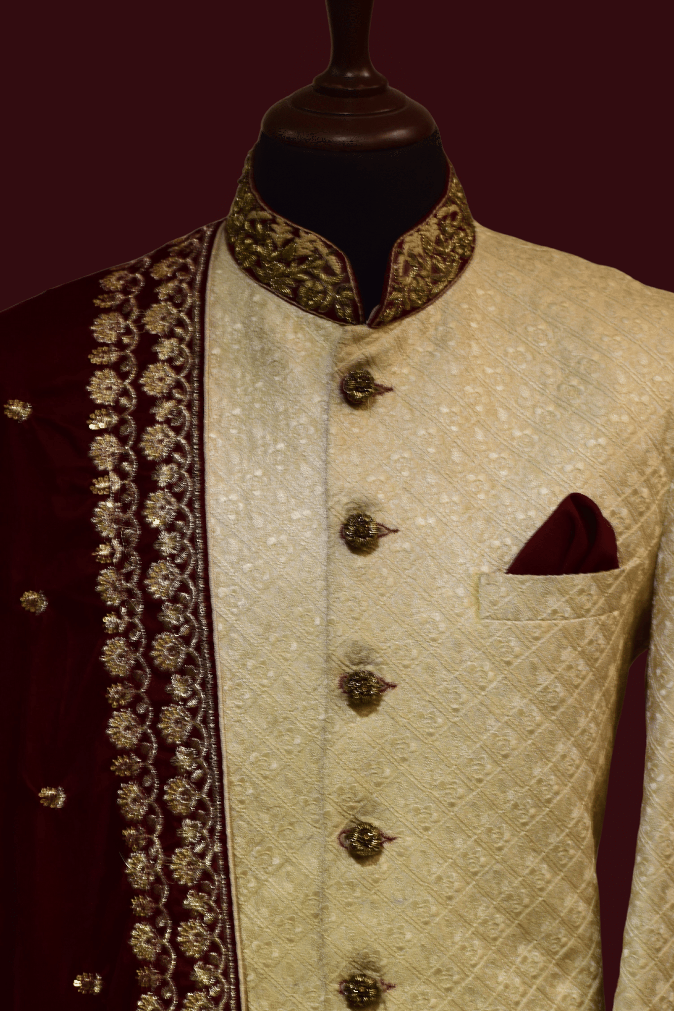 MC 03 Maroon Embroidered Shawl with Sherwani - Mashal Couture